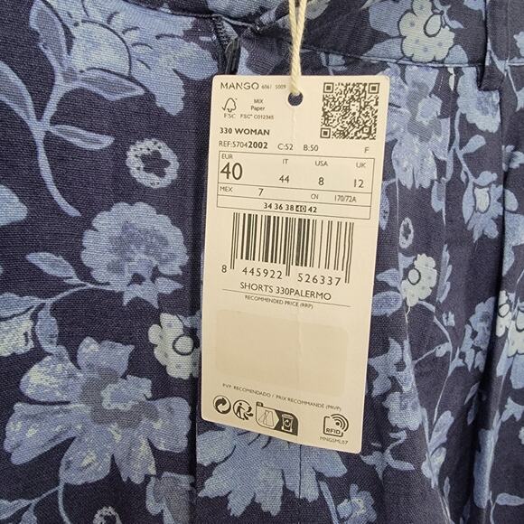 MNG Sz 8 Palermo 330 Shorts Floral Blue Linen Cotton Coastal Beachy Vacation NWT - Picture 3 of 12